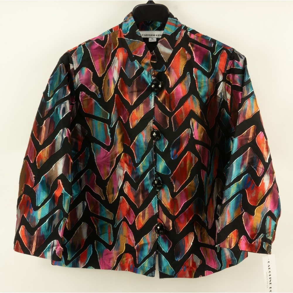 $598 Caroline Rose Silk Blend Jacket Women's XL Black Abstract Geometric Retro